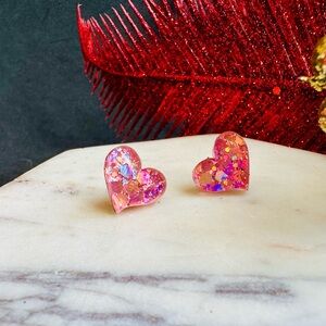 Kids Holographic Pink Heart Stud earrings Valentines Day gift